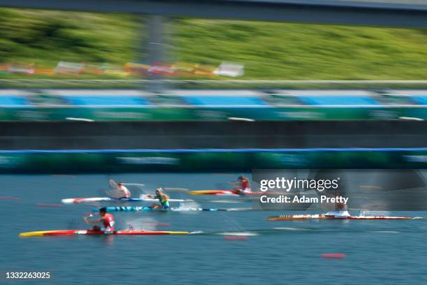 Athletes compete during the Women's Kayak Single 500m Quarterfinal 3 on day twelve of the Tokyo 2020 Olympic Games at Sea Forest Waterway on August...