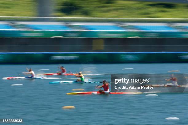 Athletes compete during the Women's Kayak Single 500m Quarterfinal 3 on day twelve of the Tokyo 2020 Olympic Games at Sea Forest Waterway on August...