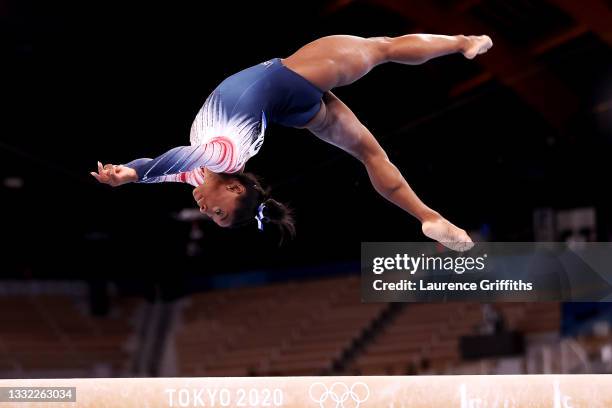 Simone Biles of Team United States competes in the Women's Balance Beam Final on day eleven of the Tokyo 2020 Olympic Games at Ariake Gymnastics...