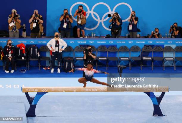 Simone Biles of Team United States competes in the Women's Balance Beam Final on day eleven of the Tokyo 2020 Olympic Games at Ariake Gymnastics...