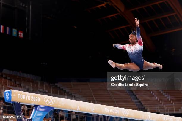 Simone Biles of Team United States competes in the Women's Balance Beam Final on day eleven of the Tokyo 2020 Olympic Games at Ariake Gymnastics...