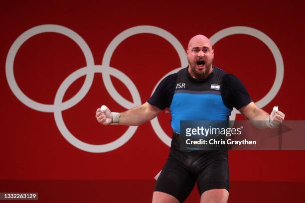 David Litvinov of Team Israel competes during the Weightlifting - Men's 109kg+ Group B on day twelve of the Tokyo 2020 Olympic Games at Tokyo...