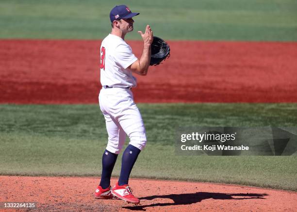 Pitcher David Robertson of Team United States reacts after striking out Yefri Perez of Team Dominican Republic for the last out in the ninth inning...