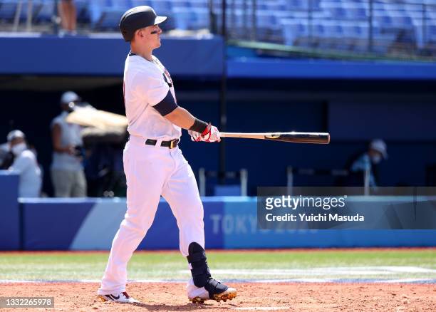 Tyler Austin of Team United States watches his hit go for a solo home run in the fifth inning against Team Dominican Republic during the knockout...