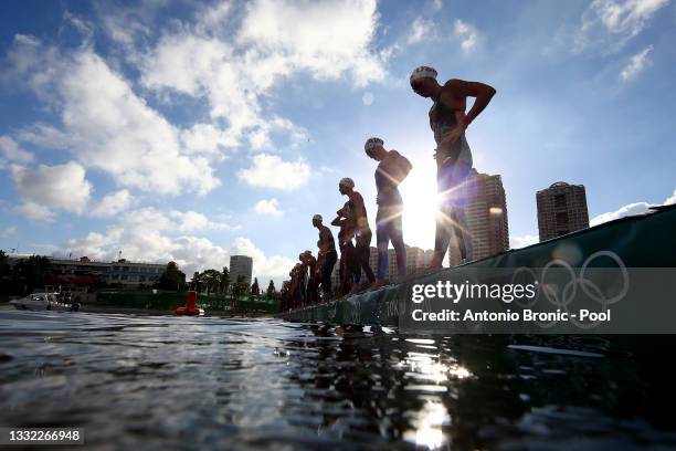 Swimmers prepa start the race in the Women's 10km Marathon Swimming on day twelve of the Tokyo 2020 Olympic Games at Odaiba Marine Park on August 04,...