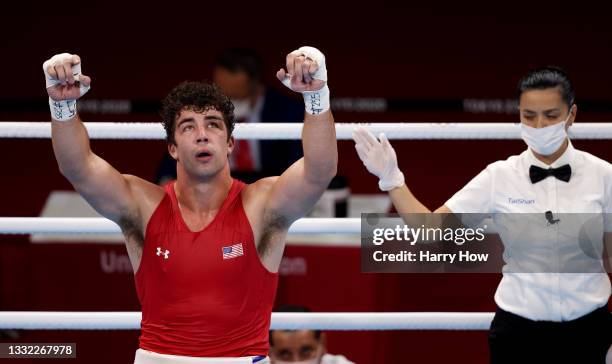 Richard Torrez Junior of Team United States reacts during the fight against Kamshybek Kunkabayav of Team Kazakhstan during the Men's Super Heavy semi...