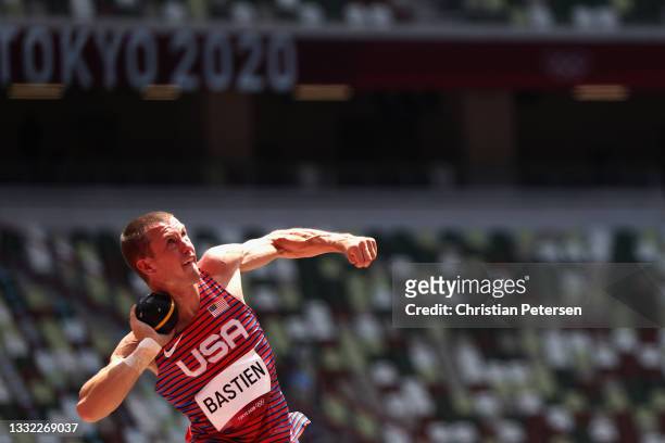 Steven Bastien of Team United States competes in the Men's Decathlon Shot Put on day twelve of the Tokyo 2020 Olympic Games at Olympic Stadium on...