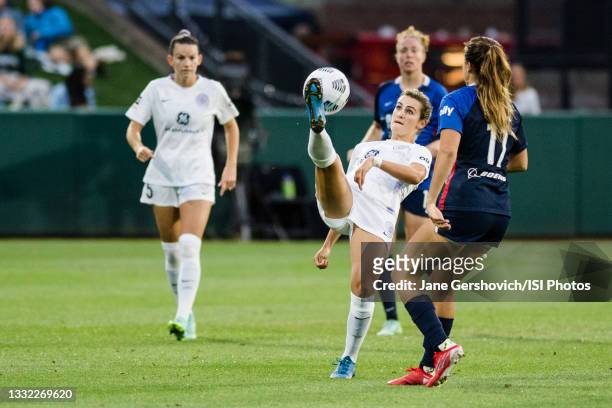 Emily Fox of Racing Louisville FC clears the ball during a game between Racing Louisville FC and OL Reign at Cheney Stadium on July 31, 2021 in...