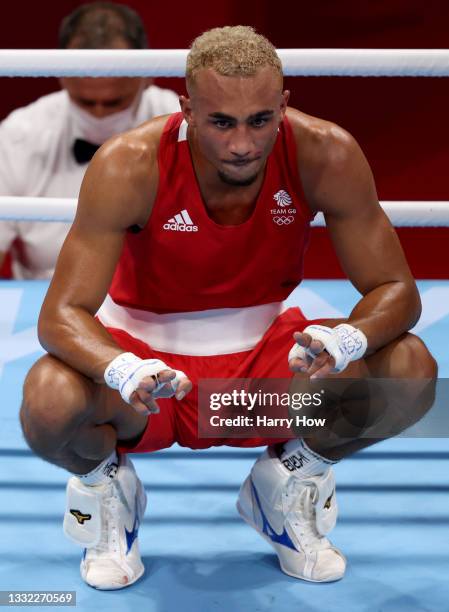 Benjamin Whittaker of Team Great Britain reacts after losing against Arlen Lopez of Team Cuba during the Men's Light Heavy final on day twelve of the...