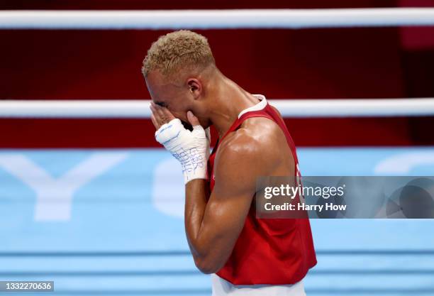 Benjamin Whittaker of Team Great Britain reacts after losing against Arlen Lopez of Team Cuba during the Men's Light Heavy final on day twelve of the...