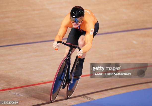Jeffrey Hoogland of Team Netherlands sprints to set a new Olympic record during the Men´s sprint qualifying of the track cycling on day twelve of the...