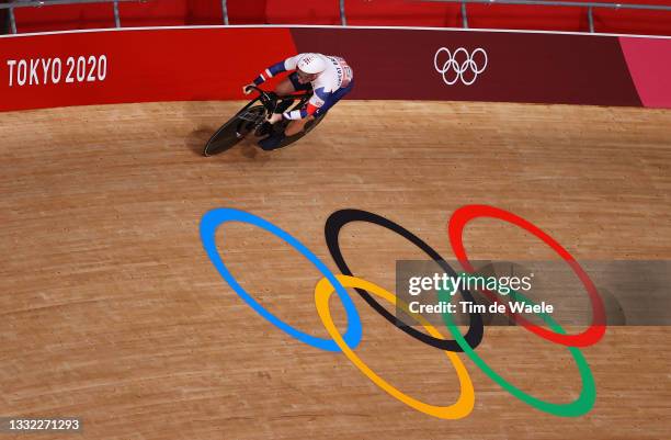 General view of Jason Kenny of Team Great Britain as he competes during the Men´s sprint qualifying of the track cycling on day twelve of the Tokyo...