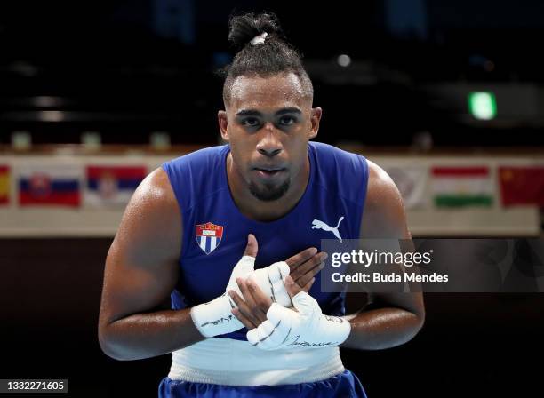 Arlen Lopez of Team Cuba celebrates after winning the gold medal against Benjamin Whittaker of Team Great Britain during the Men's Light Heavy final...