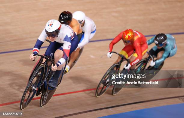 Katy Marchant of Team Great Britain competes during the Women's Keirin first round - heat 1 of the track cycling on day twelve of the Tokyo 2020...