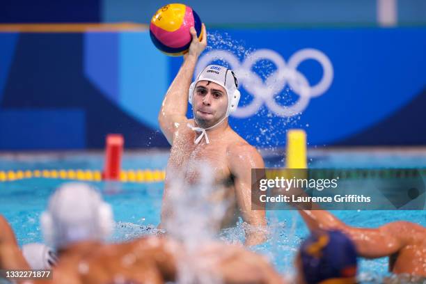 Alexandros Papanastasiou of Team Greece on attack during the Men's Quarterfinal match between Greece and Montenegro on day twelve of the Tokyo 2020...