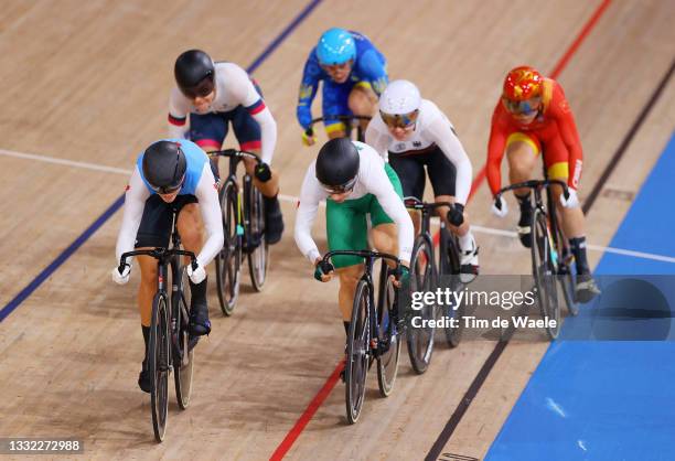 Kelsey Mitchell of Team Canada and Luz Daniela Gaxiola Gonzalez of Team Mexico compete during the Women's Keirin first round - heat 3 of the track...