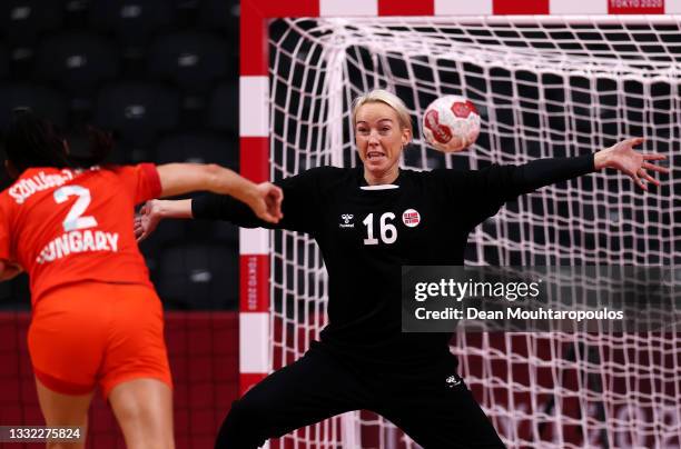 Szandra Szollosi-Zacsik of Team Hungary shoots and scores a goal past Katrine Lunde of Team Norway during the Women's Quarterfinal handball match...