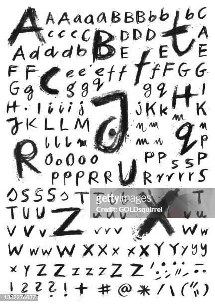 stockillustraties, clipart, cartoons en iconen met dirty letters - white sheet of paper filled with tightly hand drawn by black charcoal pencil alphabet and signs - vector illustration with personalized design template - doodles with textured effect and with carelessly scattered lumps of coal around - handwriting