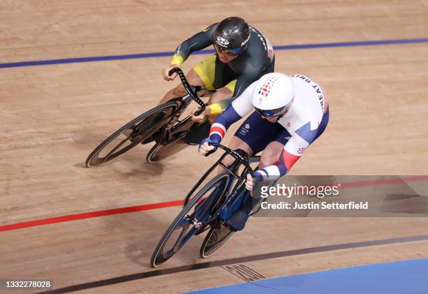Jason Kenny of Team Great Britain sprints ahead of Mohd Azizulhasni Awang of Team Malaysia during the Men's sprint round of 32 finals - heat 8 of the...