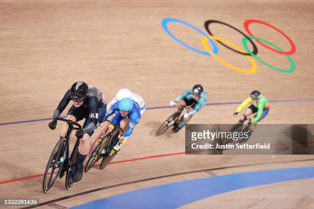 Ellesse Andrews of Team New Zealand sprints to win during the Women's Keirin repechages - heat 1 of the track cycling on day twelve of the Tokyo 2020...