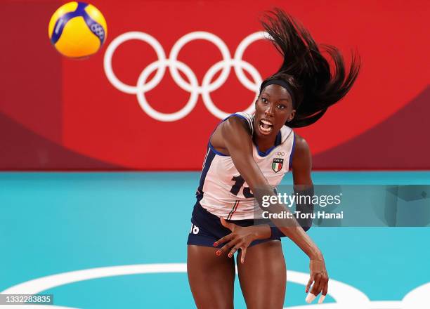 Paola Ogechi Egonu of Team Italy serves against Team Serbia during the Women's Quarterfinals volleyball on day twelve of the Tokyo 2020 Olympic Games...