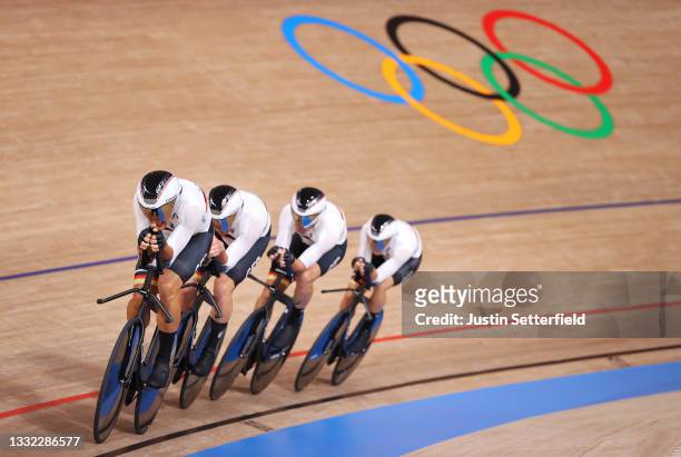 Roger Kluge, Felix Gross, Leon Rohde and Domenic Weinstein of Team Germany during the Men's team pursuit finals, 5/6th place of the track cycling on...