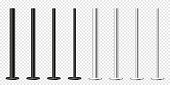 Realistic metal poles collection isolated on transparent background. Glossy steel pipes of various diameters. Billboard or advertising banner mount, holder. Vector illustration