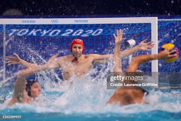 Branislav Mitrovic of Team Serbia defends the goal during the Men's Quarterfinal match between Italy and Serbia on day twelve of the Tokyo 2020...