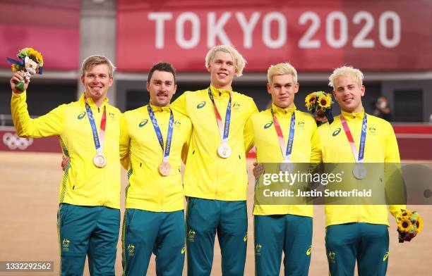 Bronze medalist Alexander Porter, Leigh Howard, Lucas Plapp, Kelland O'Brien and Sam Welsford of Team Australia, pose on the podium during the medal...