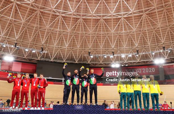 Silver medalist Lasse Norman Hansen, Niklas Larsen, Frederik Madsen and Rasmus Pedersen of Team Denmark, gold medalist Simone Consonni, Filippo...