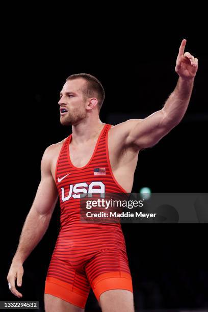 David Morris Taylor III of Team United States celebrates defeating Deepak Punia of Team India during the Men’s Freestyle 86kg Semi Final on day...