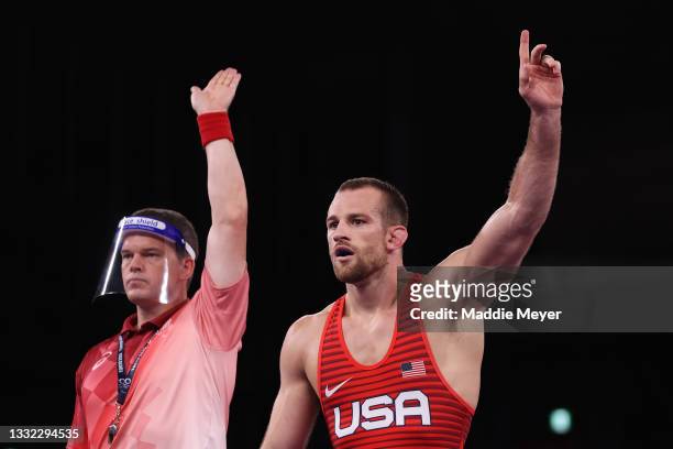 David Morris Taylor III of Team United States celebrates defeating Deepak Punia of Team India during the Men’s Freestyle 86kg Semi Final on day...