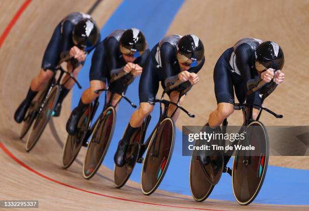 Aaron Gate, Campbell Stewart, Jordan Kerby and Regan Gough of Team New Zealand sprint during the Men's team pursuit finals, bronze medal of the track...