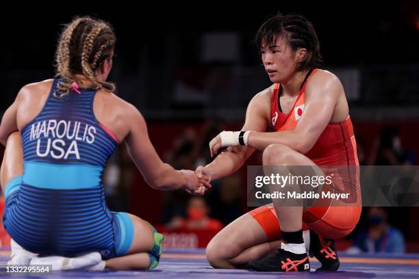 Risako Kawai of Team Japan celebrates defeating Helen Louise Maroulis of Team United States during the Women’s Freestyle 57kg Semi Final on day...