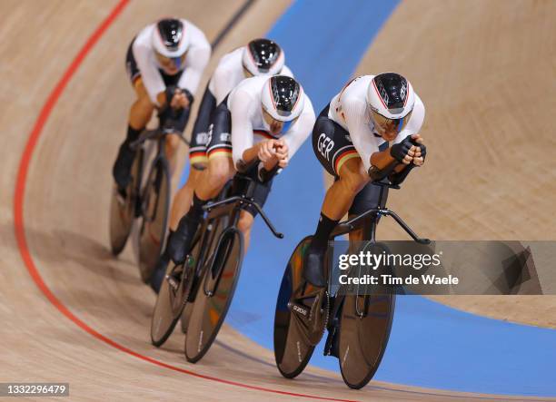 Leon Rohde of Team Germany and teammates sprint during the Men's team pursuit finals, 5/6th place of the track cycling on day twelve of the Tokyo...