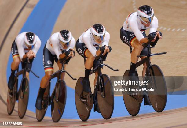 Leon Rohde, Domenic Weinstein, Roger Kluge and Felix Gross of Team Germany sprint during the Men's team pursuit finals, 5/6th place of the track...