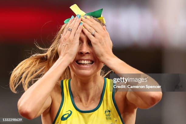 Linden Hall of Team Australia reacts after competing in the Women's 1500m Semi-Final on day twelve of the Tokyo 2020 Olympic Games at Olympic Stadium...