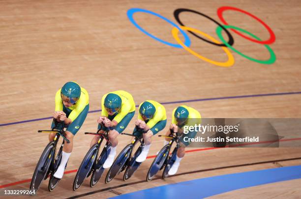 Kelland O'Brien, Sam Welsford, Leigh Howard and Lucas Plapp of Team Australia sprint during the Men's team pursuit finals, bronze medal of the track...