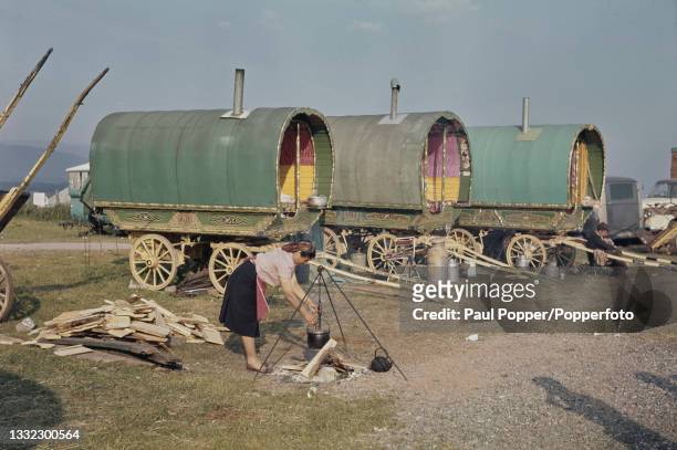 Traveller woman cooks a meal in a cast iron pot over a fire in front of a line of traditional Romani horse drawn wagons, known as a caravan or Vardo,...