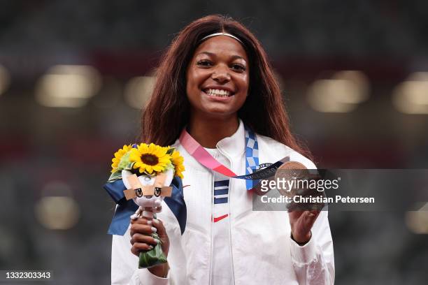 Gabrielle Thomas of Team United States poses with the bronze medal for the Women's 200m Final on day twelve of the Tokyo 2020 Olympic Games at...
