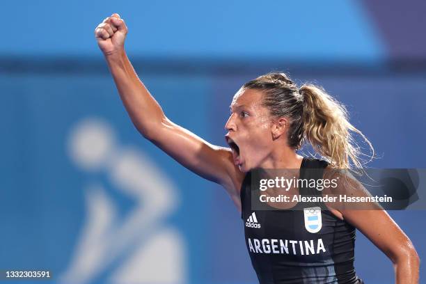 Delfina Merino of Team Argentina celebrates their team's second goal, scored by teammate Maria Noel Barrionuevo during the Women's Semifinal match...