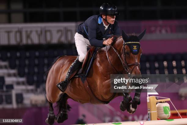 Peder Fredricson of Team Sweden riding All In competes during the Jumping Individual Final on day twelve of the Tokyo 2020 Olympic Games at...