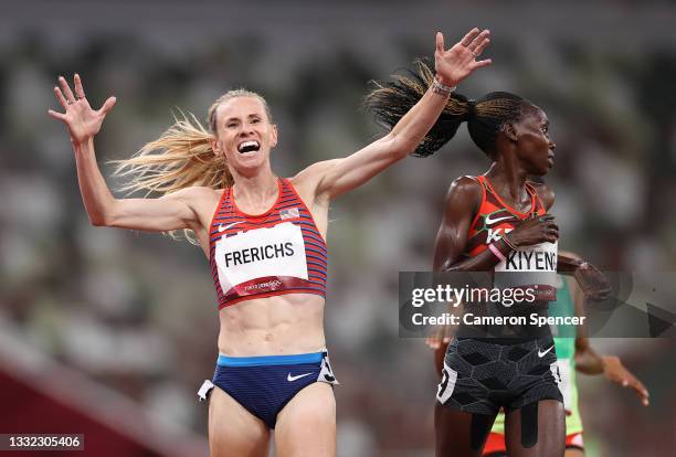 Courtney Frerichs of Team United States celebrates after winning the silver medal in the Women's 3000m Steeplechase Final on day twelve of the Tokyo...