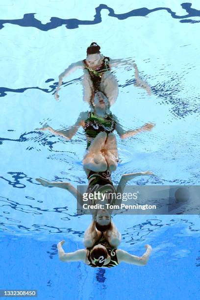 Xuechen Huang and Wenyan Sun of Team China compete in the Artistic Swimming Duet Free Routine Final on day twelve of the Tokyo 2020 Olympic Games at...