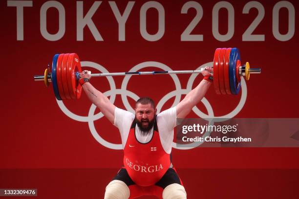 Lasha Talakhadze of Team Georgia competes during the Weightlifting - Men's 109kg+ Group A on day twelve of the Tokyo 2020 Olympic Games at Tokyo...