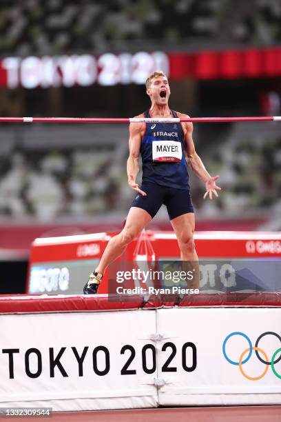 Kevin Mayer of Team France celebrates after clearing 2.08 meters in the Men's Decathlon High Jump on day twelve of the Tokyo 2020 Olympic Games at...