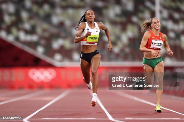 Nafissatou Thiam of Team Belgium competes in the Women's Heptathlon 200m heats on day twelve of the Tokyo 2020 Olympic Games at Olympic Stadium on...