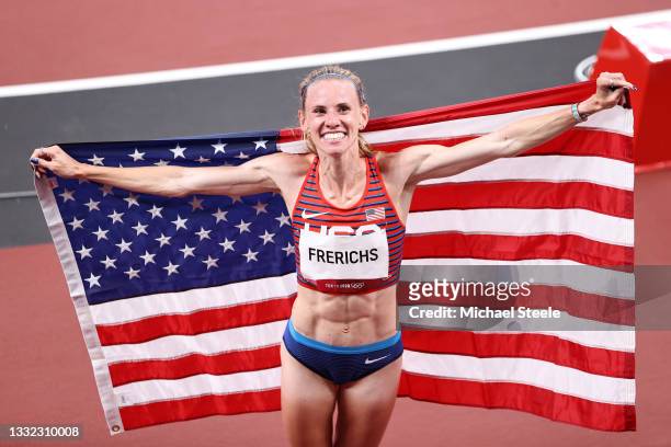 Courtney Frerichs of Team United States celebrates after winning the silver medal in the Women's 3000m Steeplechase Final on day twelve of the Tokyo...
