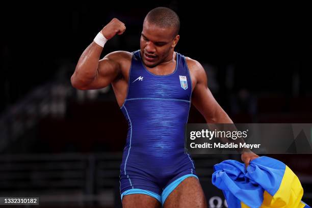 Zhan Beleniuk of Team Ukraine celebrates defeating Viktor Lorincz of Team Hungary during the Men’s Greco-Roman 87kg Gold Medal Match on day twelve of...