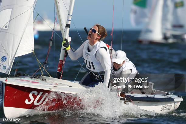 Linda Fahrni and Maja Siegenthaler of Team Switzerland compete during the Women's 470 class on day twelve of the Tokyo 2020 Olympic Games at Enoshima...